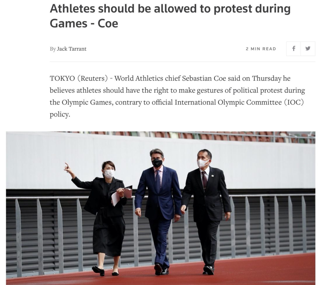 How Reuters reported the news of Lord Coe's stance on athlete protests: ragout courtesy of Reuters, showing Sebastian Coe, World Athletics president, flanked by Tokyo 2020 officials on a site visit in the Japanese capital