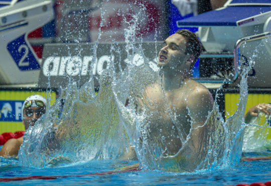 Kristof Milak of Hungary celebrates after winning the men's 200m Butterfly crown at World titles in Gwangju, July 2019 - by Patrick B. Kraemer