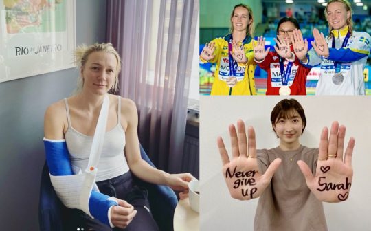 Sarah Sjostrom nurses a broken elbow after a fall on the ice; top right, sending a message to Rikako Ikee, with Maggie McNeil and Emma McKeon on the podium at World titles in 2019; and, Rikako Ikee, sending a message back...(Images, courtesy of Sarah Sjostrom and Roikako Ikee, Instagram; and Patrick B. Kraemer, on the podium)