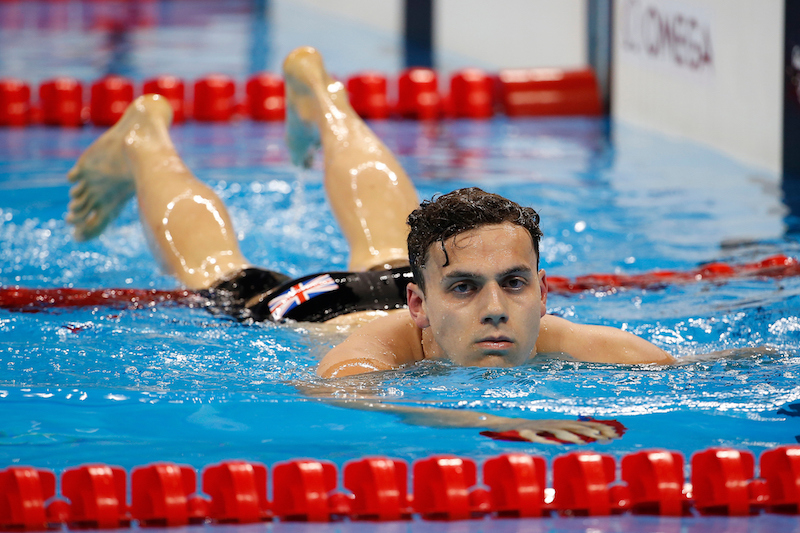 James GUY of Great Britain on his way out after competing in the men's 400m Freestyle Heats during the Swimming competition held at the Aquatics Center during the Rio 2016 Olympic Games in Rio de Janeiro, Brazil, Saturday, Aug. 6, 2016. (Photo by Patrick B. Kraemer / MAGICPBK)