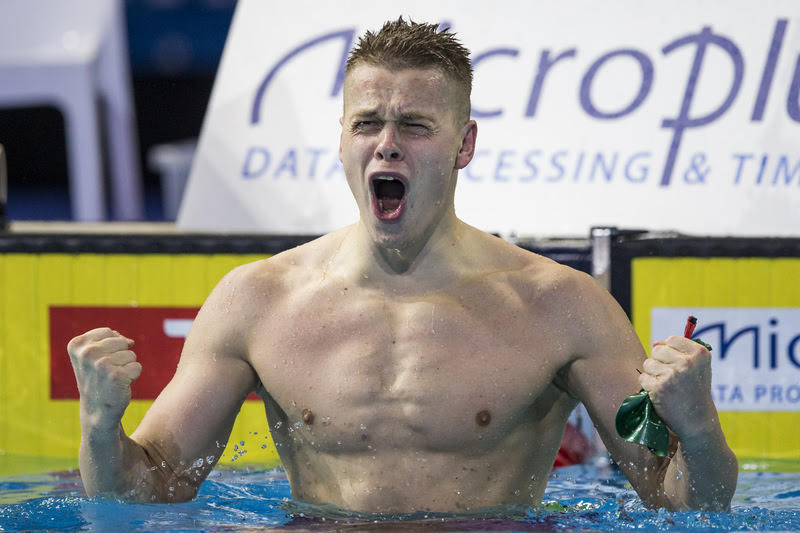 Danas RAPSYS of Lithuania celebrates after winning in the men's 200m Freestyle Final during the 19th LEN European Short Course Swimming Championships held at the Royal Arena in Copenhagen, Denmark, Thursday, Dec. 14, 2017. (Photo by Patrick B. Kraemer / MAGICPBK)