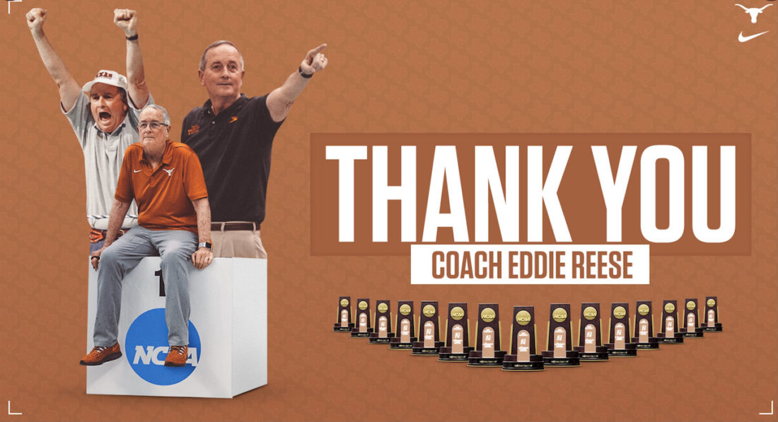 Eddie Reese - the podium of praise is not tall enough to stop the tidal wave of plaudits washing over him - image, courtesy of the University of Texas, Longhorns