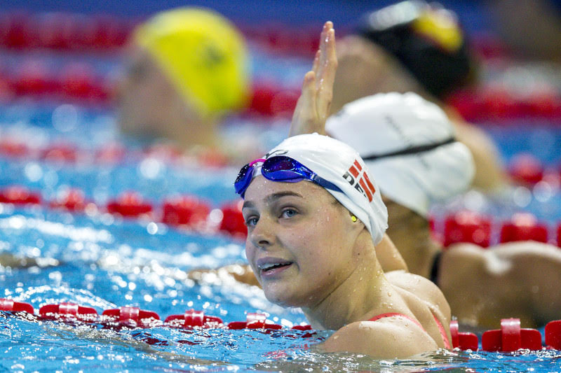 Pernille Blume of Denmark reacts after competing in the women's 50m Freestyle Heats during the 19th LEN European Short Course Swimming Championships held at the Royal Arena in Copenhagen, Denmark, Sunday, Dec. 17, 2017. (Photo by Patrick B. Kraemer / MAGICPBK)