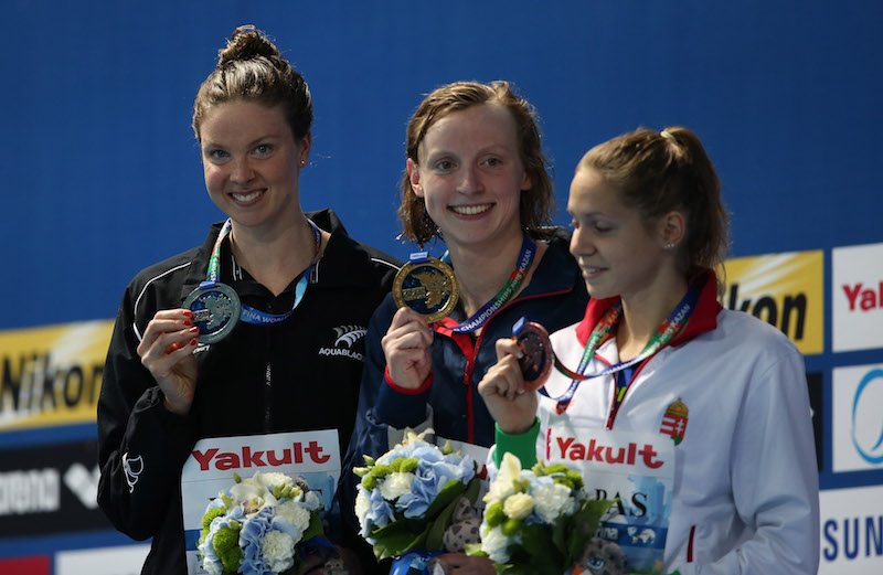 1500m podium at 2015 Worlds - (l-r) Lauren Boyle, Katie Ledecky and Boglárka Kapás - by Ian MacNicol