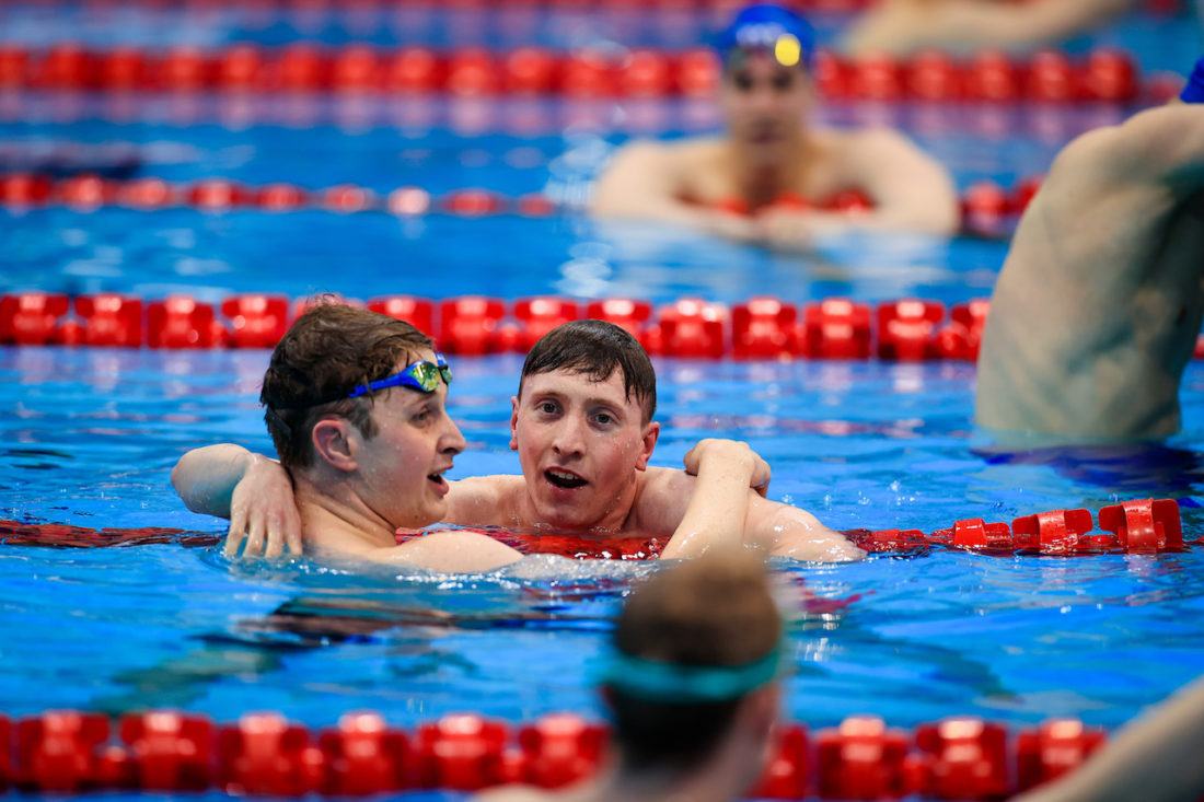 Max Litchfield and Brodie Williams celebrate racing inside the cut for the Tokyo Olympics - by Georgie Kerr, courtesy of British Swimming