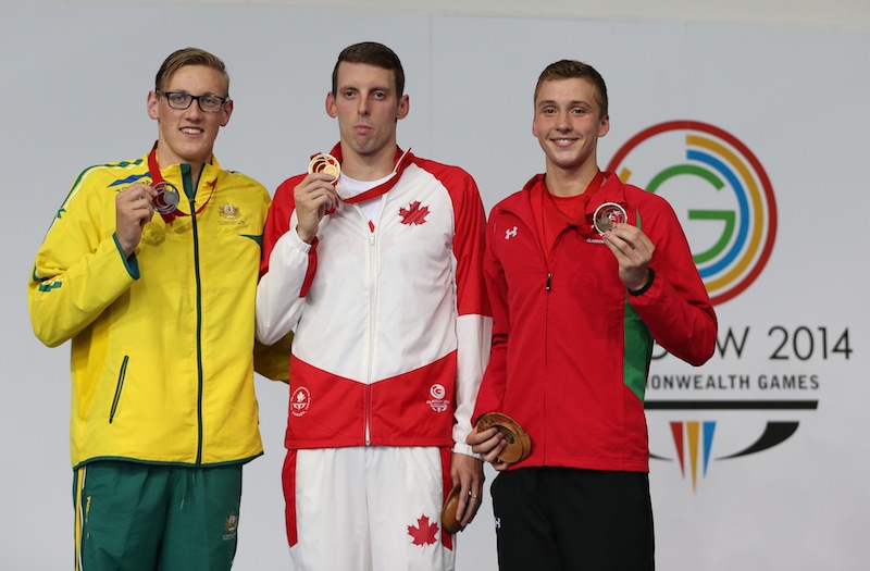 Dan Jervis in illustrious company on the podium with champion Ryan Cochrane, of Canada, and Australia's Mack Horton, at the 2014 Commonwealth Games in Glasgow - photo courtesy of Ian MacNicol