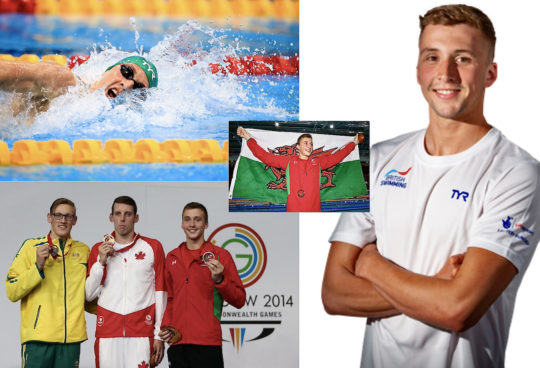 Dan Jervis has waited seven years for his Olympic selection - images, clockwise, in action this week, by Georgie Kerr/British Swimming; has official profile picture at British Swimming; on the podium with champion Ryan Cochrane, of Canada, and Australia's Mack Horton, at the 2014 Commonwealth Games in Glasgow and (centre) flying the Welsh Dragon - photos courtesy of Ian MacNicol