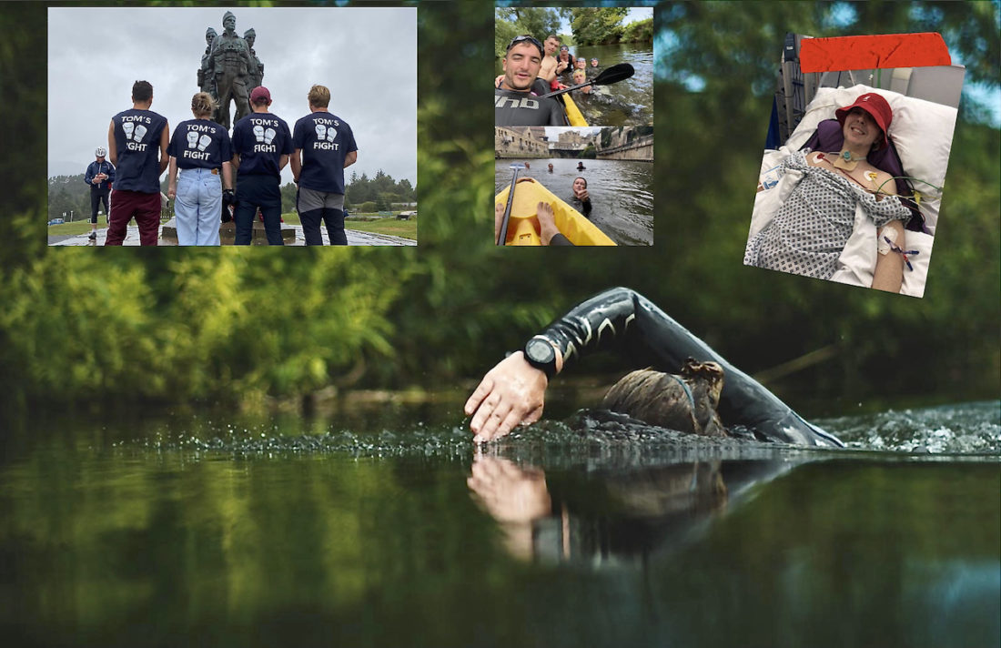 Florence Jackson (main image) has swum along way with five friends, top, left and centre) to raise awareness of and funds for Tom's Fight, the campaign to help Tom Lazarides, top right, through rehabilitation on on the road to recovery from a spinal injury sustained in a pool accident to independence