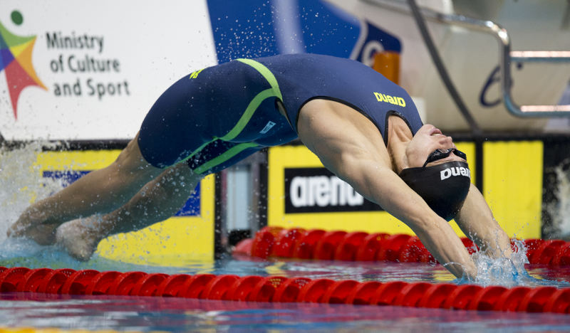 Aliaksandra HERASIMENIA of Belarus competes in the women's 50m Backstroke Semifinal 1 during the 18th LEN European Short Course Swimming