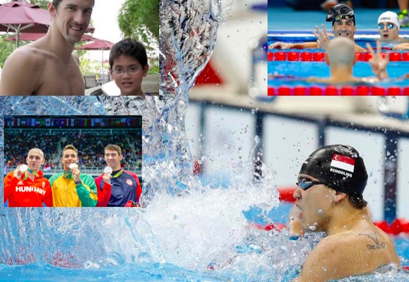 Joe Schooling, who played Jack To The Giants whose gold he 'stole' at Rio 2016 - images by Patrick B. Kraemer [inset, when Phelps met Schooling the schoolboy - courtesy of Joe Schooling social media)