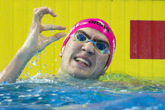 Kliment kOLESNIKOV of Russia celebrates after winning in the men's 100m Backstroke Finall during the 19th LEN European Short Course Swimming Championships held at the Royal Arena in Copenhagen, Denmark, Friday, Dec. 15, 2017.