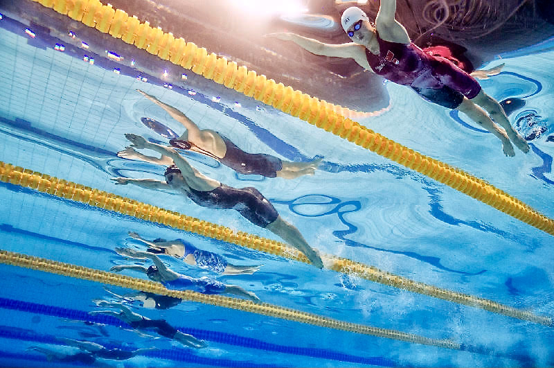 Kelsi Worrell (C) of the United States of America (USA) and Yufei Zhang of China (R) compete in the women's 100m Butterfly Semifinal during the Swimming competition held at the Duna Arena during the 17th FINA World Championships 2017 in Budapest, Hungary, 23 July 2017.