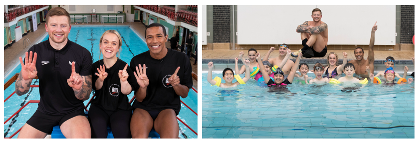 l-r: Adam Peaty, Ellie Simmonds, Michael Gunning, Swim England, The Black Swimming Association and Active Black Country have pledged to work together through the Speedo Swim United programme to ensure by 2025 that all children can swim by the time they leave primary school in the UK