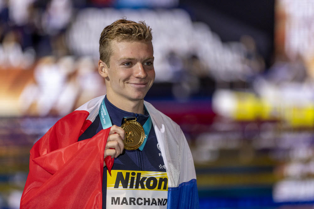 Leon MARCHAND of France poses with his Gold medal after winning in the Men's 400m Individual Medley (IM) Final during the swimming events of the 19th Fina World Championships held at the Duna Arena in Budapest, Hungary, Saturday, June 18, 2022. (Photo by Patrick B. Kraemer / MAGICPBK)