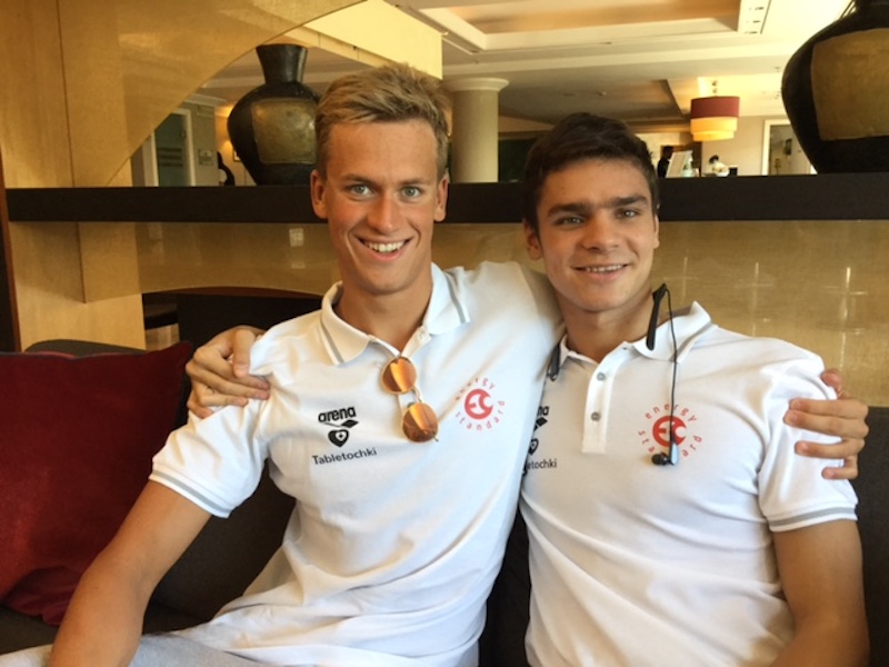 Mykhailo Romanchuk, left, and Evgeny Rylov in 2017 as friends growing up in swimming with big prizes already in their pantheons - Photo by Craig Lord Ⓒ