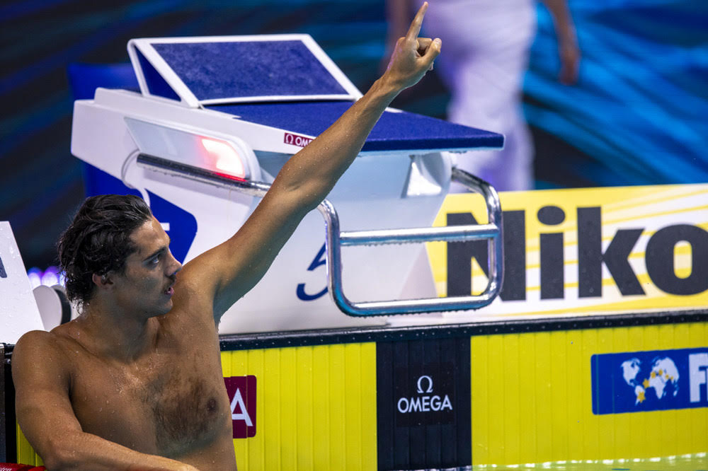 Ceccon ECCON of Italy celebrates a New World Record after winning in the Men's 100m Backstroke Final during the swimming events of the 19th Fina World Championships held at the Duna Arena in Budapest, Hungary, Monday, June 20, 2022.