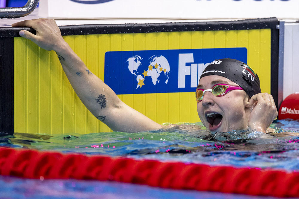 Ruta MEILUTYTE of Lithuania celebrates after finishing third in the Women’s 100m Breaststroke Final during the swimming events of the 19th Fina World Championships held at the Duna Arena in Budapest, Hungary, Monday, June 20, 2022. (Photo by Patrick B. Kraemer / MAGICPBK)