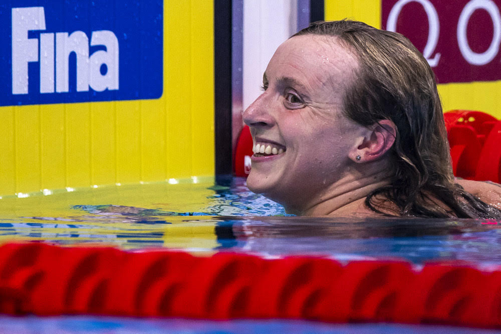 Katie LEDECKY of United States of America (USA) celebrates after winning in the Women’s 1500m Freestyle Final during the swimming events of the 19th Fina World Championships held at the Duna Arena in Budapest, Hungary, Monday, June 20, 2022. (Photo by Patrick B. Kraemer / MAGICPBK)