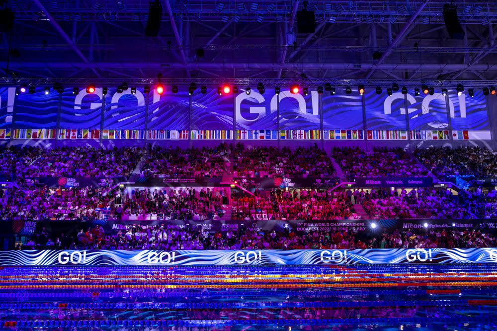 19th Fina World Championships held at the Duna Arena in Budapest, Hungary, Friday, June 24, 2022. (Photo by Patrick B. Kraemer / MAGICPBK) A general view prior to the Men's 50m Freestyle Final during the swimming events of the