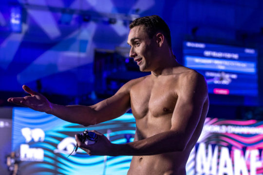 Kristof Milak of Hungary is pictured during an interview after winning the Men's 100m Butterfly Final during the swimming events of the 19th Fina World Championships held at the Duna Arena in Budapest, Hungary, Friday, June 24, 2022. (Photo by Patrick B. Kraemer / MAGICPBK)