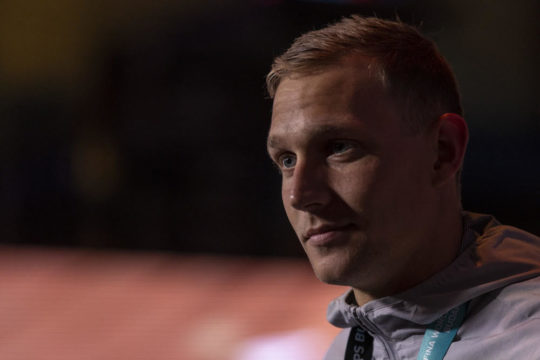 Remel DRESSEL of United States of America (USA) is pictured during an interview after winning in the Men's 50m Butterfly Final during the swimming events of the 19th Fina World Championships held at the Duna Arena in Budapest, Hungary, Sunday, June 19, 2022. (Photo by Patrick B. Kraemer / MAGICPBK)