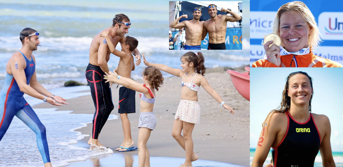 Inspiring a generation of swimmers: main image - Gregorio Paltrinieri, the swimmer on the right, and Domenico Acerereza greet local children on the beach after battle and an Italian 1-2 in the 5km; inset, their celebration; and Sharon van Rouwendaal, top right, and Leonie Beck, bottom right, take the two solo golds in the women's races - photos courtesy of LEN