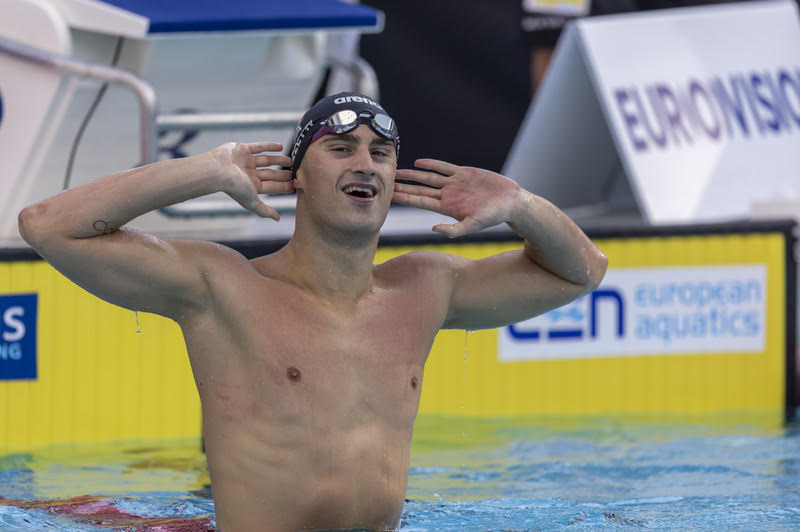 Alberto RAZZETTI of Italy celebrates after winning in the Men's 400m Individual Medley (IM) Final during the swimming events of the LEN European Aquatics Championships in Rome, Italy, Thursday, Aug. 11, 2022. (Photo by Patrick B. Kraemer / MAGICPBK)