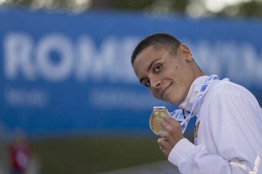 POPOVICI of Romania poses with his gold medal after winning in a new World Record time in the Men's 100m Freestyle Final during the swimming events of the LEN European Aquatics Championships in Rome, Italy, Saturday, Aug. 13, 2022.