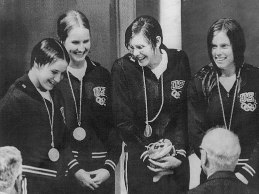 American gold, l-r: Deena Deardurff, Sandy Neilson, Melissa Belote and Cathy Carr - 4x100m medley, Munich 1972 - courtesy of YouTube still and Wikipedia