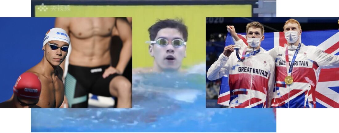 Pan Zhanle added his name to the list of speedy teens with Paris 2024 ambitions (image, screenshot Chinese TV); David Popovici, left, and Tom Dean and Duncan Scott - photos by Patrick B. Kraemer