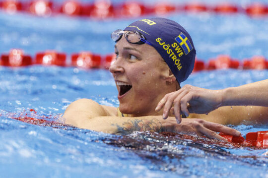 Sarah SJOSTROM (SJOESTROEM) of Sweden celebrates a New World Record after competing in the Women’s 50m Freestyle Semifinal during the swimming events of the 20th World Aquatics Championships in Fukuoka, Japan, Saturday, July 29, 2023. (Photo by Patrick B. Kraemer / MAGICPBK)