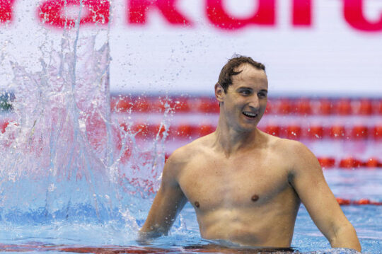 Cameron McEvoy bends time for a 21.06 victory in the 50m freestyle at World Championships in Fukuoka EVOY of Australia celebrates after winning in the Men's 50m Freestyle Final during the swimming events of the 20th World Aquatics Championships in Fukuoka, Japan, Saturday, July 29, 2023. (Photo by Patrick B. Kraemer / MAGICPBK)