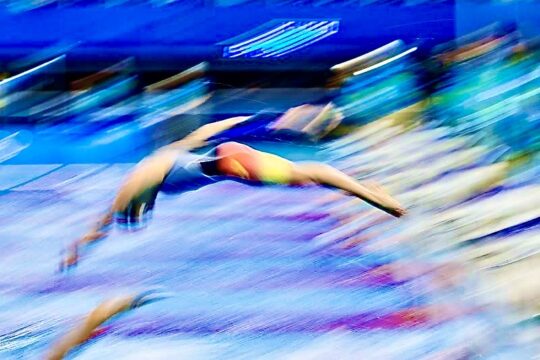 Vanessa GRIMBERG of Germany start for the Breaststroke leg in the women's 4x100m Medley Relay Heat 2