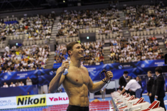 Maxime GROUSSET of France celebrates on his way out after winning in the Men's 100m Butterfly Final during the swimming events of the 20th World Aquatics Championships in Fukuoka, Japan, Saturday, July 29, 2023. (Photo by Patrick B. Kraemer / MAGICPBK)