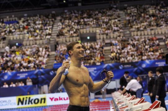 Maxime GROUSSET of France celebrates on his way out after winning in the Men's 100m Butterfly Final during the swimming events of the 20th World Aquatics Championships in Fukuoka, Japan, Saturday, July 29, 2023. (Photo by Patrick B. Kraemer / MAGICPBK)
