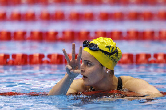 Kaylee McKeown - three into 1 do go ... a pioneering treble of world titles Eoin backstroke for the Australian reble EOWN of Australia celebrates after winning in the Women’s 200m Backstroke Final already her 3rd title after already winning the 50m and 100m Backstroke during the swimming events of the 20th World Aquatics Championships in Fukuoka, Japan, Saturday, July 29, 2023. (Photo by Patrick B. Kraemer / MAGICPBK)