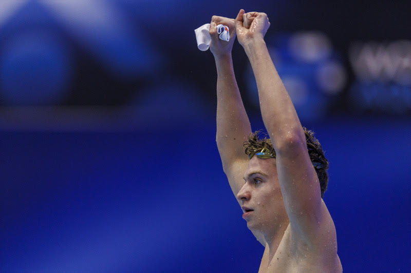 Léon Marchand - three golds, 1 world and 2 European records to the good at the Fukuoka World titles in 2023, a towering dress rehearsal for Paris 2024 (Photo by Patrick B. Kraemer / MAGICPBK)
