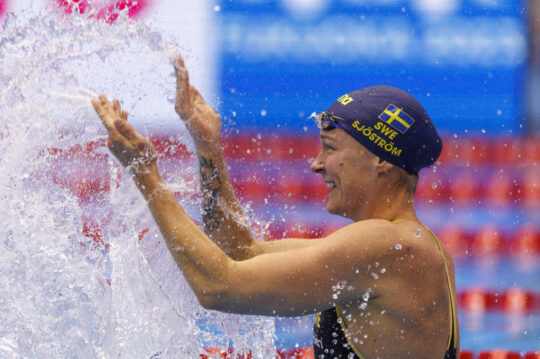 sJOSTROM (SJOESTROEM) of Sweden celebrates after winning in the Women’s 50m Butterfly Final during the swimming events of the 20th World Aquatics Championships in Fukuoka, Japan, Saturday, July 29, 2023. (Photo by Patrick B. Kraemer / MAGICPBK)