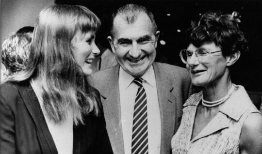 Ursula Carlile, right, with her husband and fellow coach Forbes and triple Olympic champion Shane Gould - Photo courtesy of Carlile Swimming