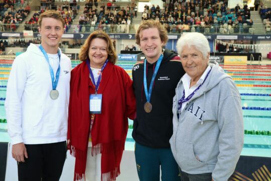 Gina Rinehart with two of the many swimmers her money has supported, the third one a legend, Dawn Fraser - courtesy of GinaRinehart.com