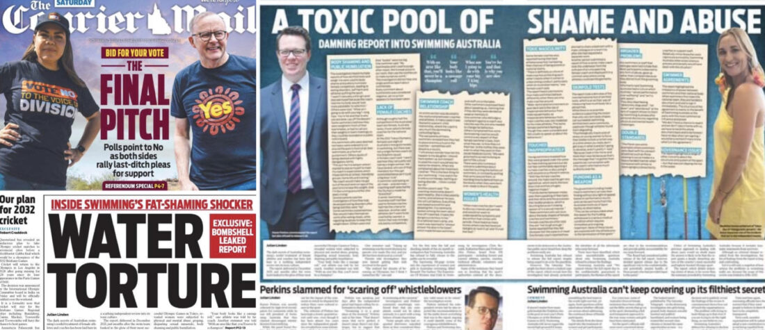 The "Water Torture" coverage in News Corp titles that has plunged Swimming Australia into crisis - screenshots from the Courier Mail, left, and the Saturday Telegraph