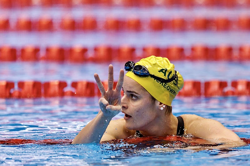 Kaylee McKEOWN of Australia celebrates after winning in the Women’s 200m Backstroke Final already her 3rd title after already winning the 50m and 100m Backstroke during the swimming events of the 20th World Aquatics Championships in Fukuoka, Japan, Saturday, July 29, 2023. (Photo by Patrick B. Kraemer / MAGICPBK)