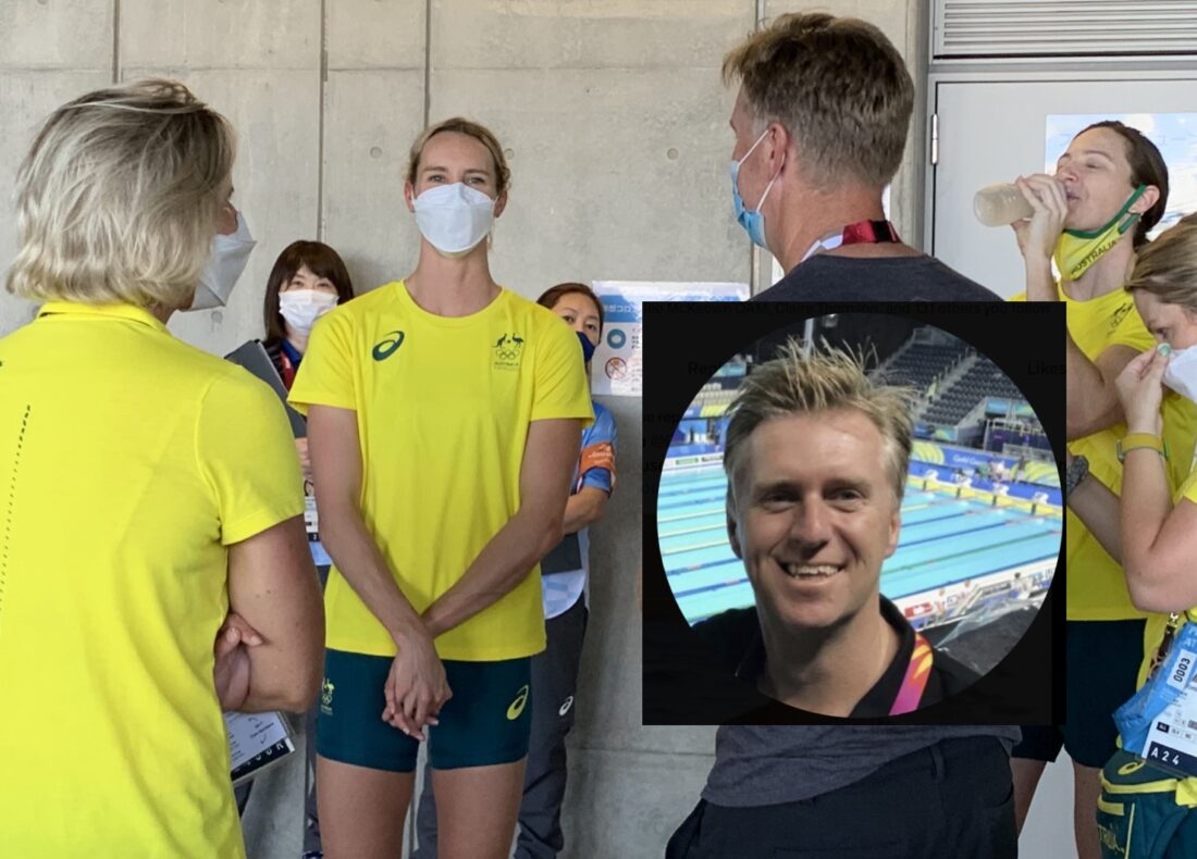 Emma McKeon, centre, masked, talks to her uncle Rob Woodhouse, general manager of London Roar, at the Tokyo Olympics in July, 2021 - photo by Craig Lord