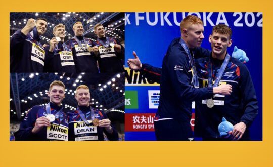 The Power of Relays: Britain's 2023 World champions (clockwise from top left) - James Guy, Matt Richards, Tom Dean and Duncan Scott; Richards and Dean, the latest 1-2 punch in the 200m free; and Scott and Dean sharing the 200m medley podium in the bargain - images courtesy of Patrick B. Kraemer and British Swimming