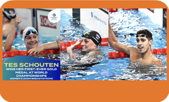 Tes Schouten, left, and Marrit Steenbergen make it a double Dutch celebration, as Spain's Hugo Gonzalez joins them in the club of Doha solo world-title debutants - courtesy of World Aquatics