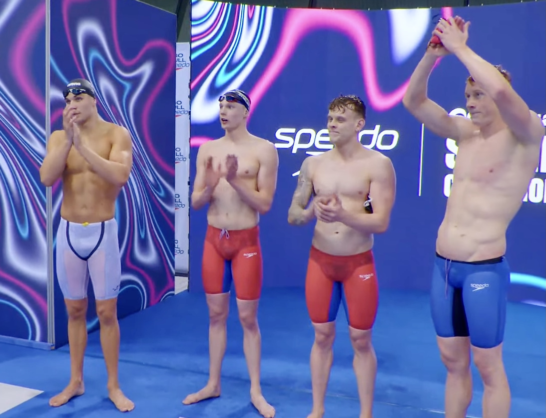 The first four home: l-r, Alex Cahoon, Duncan Scott, Matt Richards and Tom Dean, Paris bound for the 4x100m freestyle