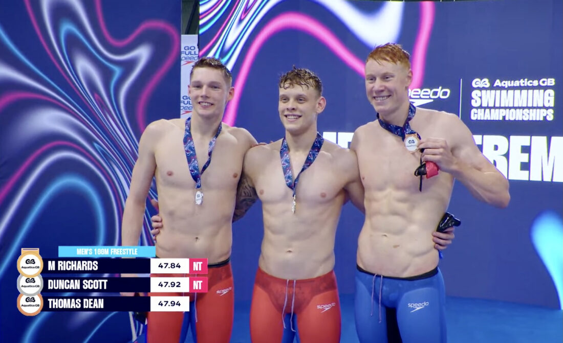 Three of Britain's 4x200m Olympic champions, l-r, Duncan Scott, Matt Richards and Tom Dean, led the charge to put Britain on the prospects map in the 4x100m freestyle at the Paris Olympic Games