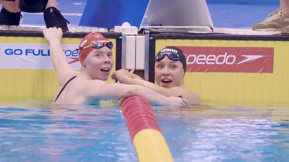 Keanna MacInnes, right, and Laura Stephens are delighted to have grabbed tickets to the Paris 2024 Olympic Games in the 200m butterfly - image courtesy of Aquatics GB