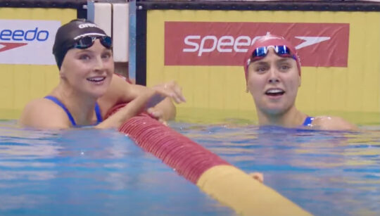 Freya Colbert, right, and Abbie Wood claim tickets to Paris in the 200m freestyle at the helm of a first four home that made the cut for the 4x200m free - image courtesy of Aquatics GB