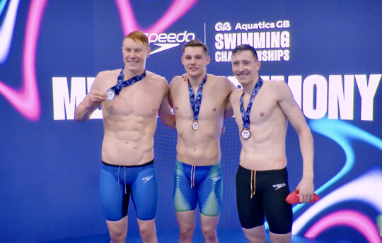 The stacked 200IM podium in London, l-r: Tom Dean, champion Duncan Scott, and Max Litchfield - image courtesy of Aquatics GB/Channel 4